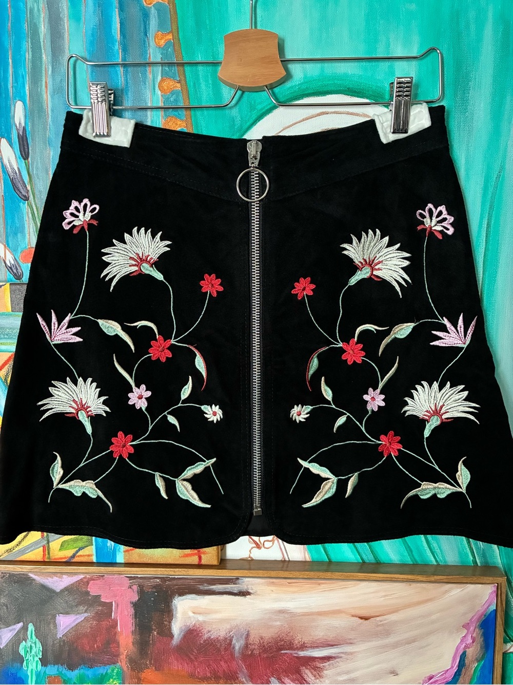 Zara Genuine Suede Black Embroidered Floral Zip Ring-Front Mini Skirt